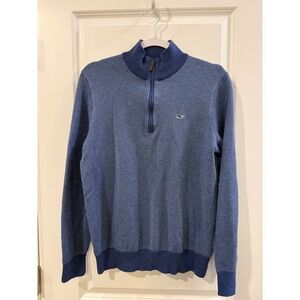 Vineyard Vines Mens Medium Blue Textured Knit Quarter Zip Pullover Sweater Logo